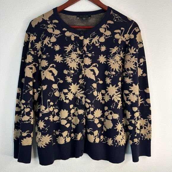 Ann Taylor Womens Navy Shimmer Floral Cardigan Sweater XL Button Front Boho Glam - Picture 1 of 9